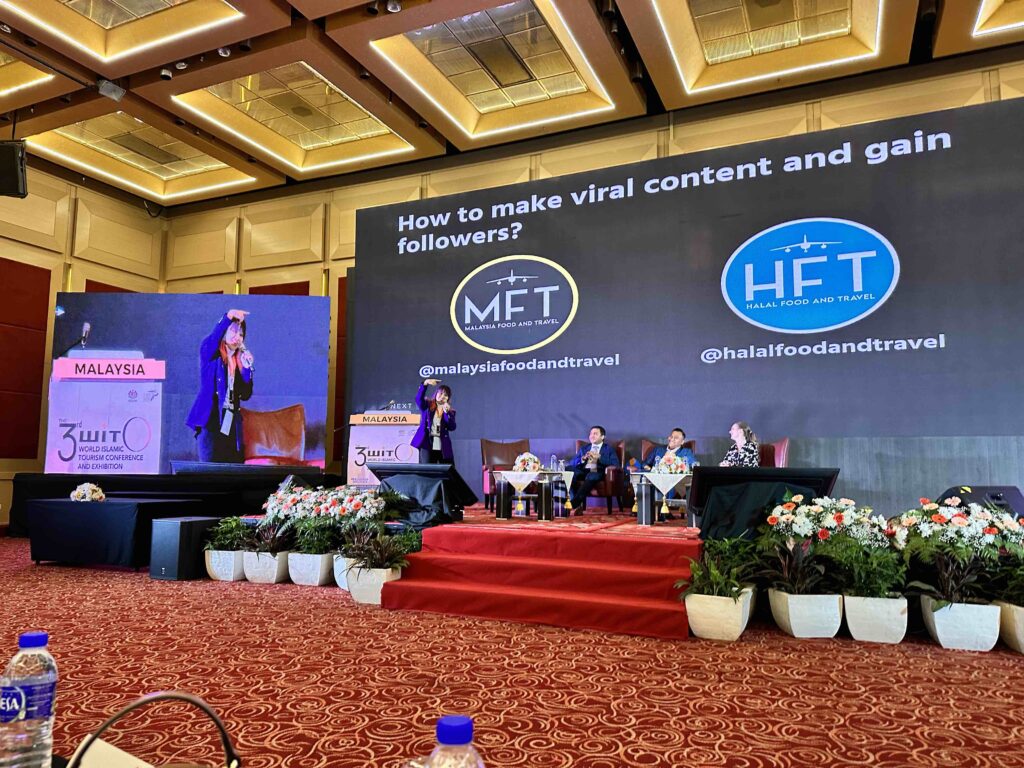 Halal Food and Travel (HFT) and Malaysia Food and Travel (MFT) came to share some insights on social media for the Halal Tourism Conference. Ariel Koh on stage.